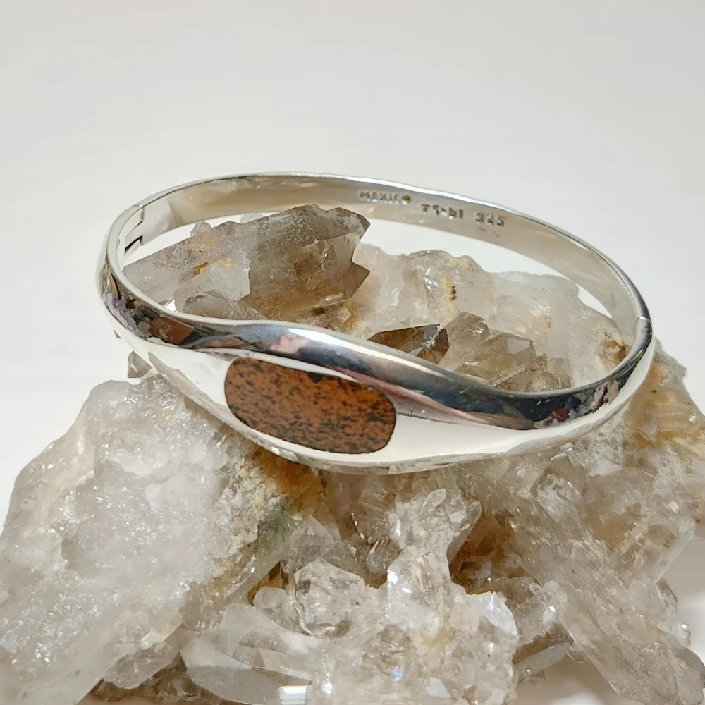 Vintage TAXCO Sterling Silver Hinged Bracelet Brown/black Jasper Inlay Unisex